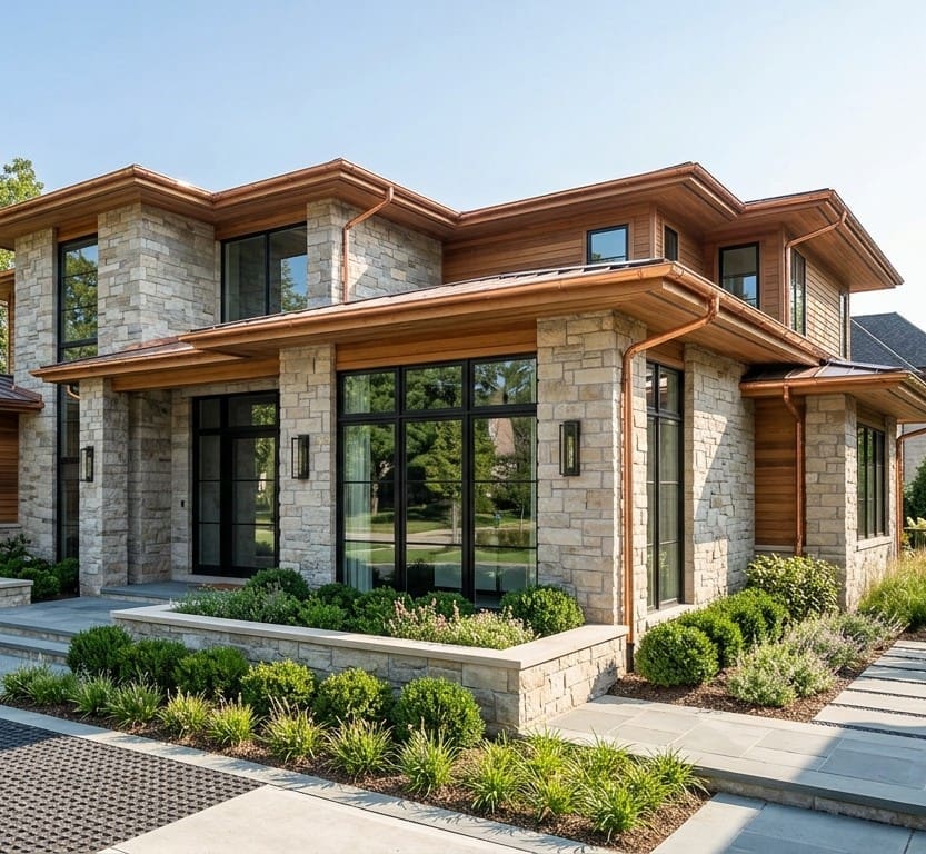Architectural photograph of a modern luxury home with natural stone, cedar wood accents, and polished copper gutters.