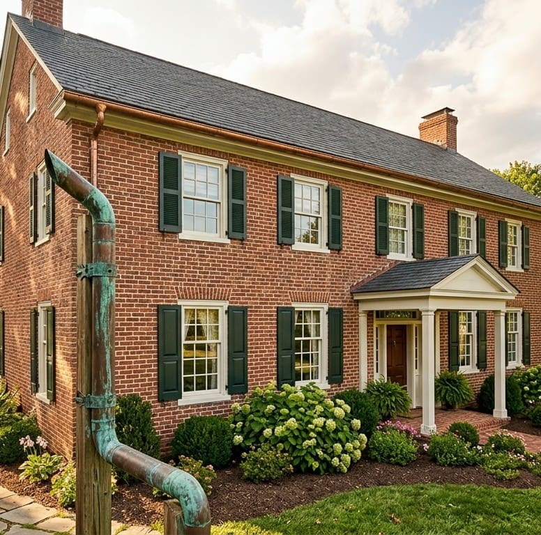 A realistic, wide-angle photograph of a historic two-story red brick colonial home