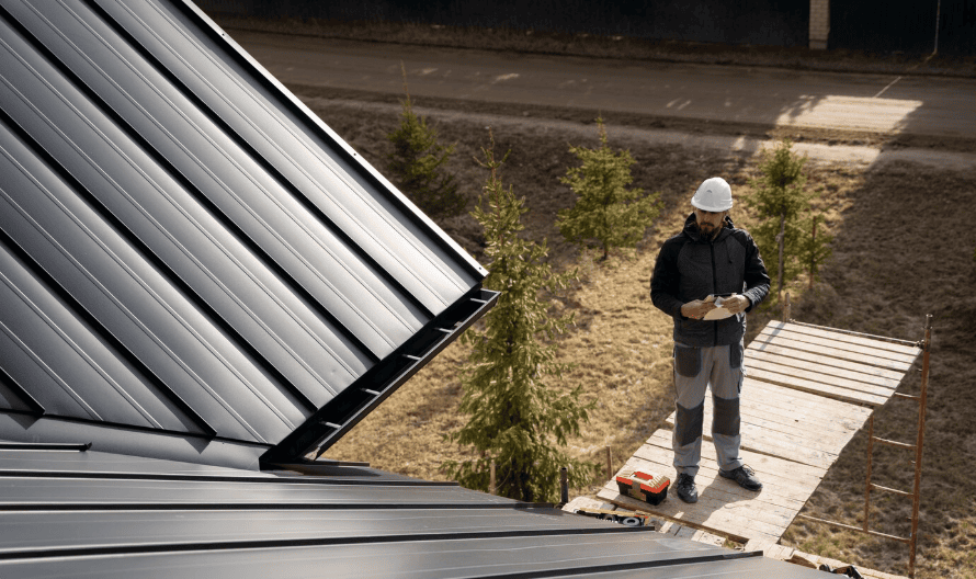 A worker inspecting a roof installation.